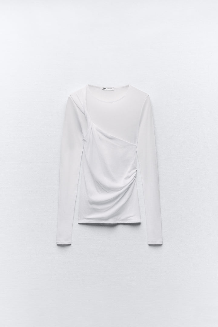 T-shirt double drapé épaule côtelé semi-transparent