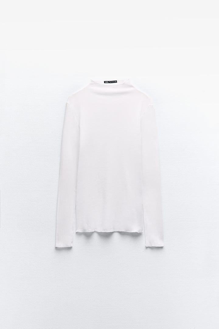 T-shirt Coton Crêpe Col V Manches Longues