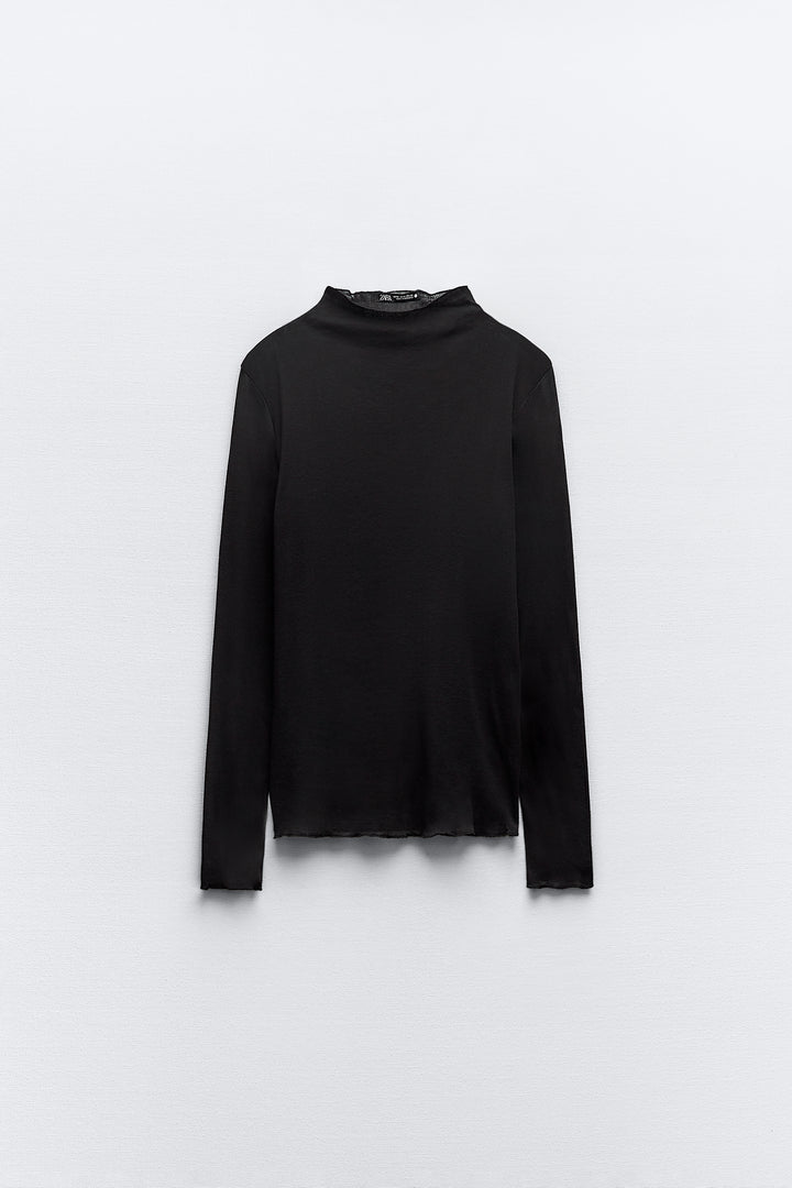 T-shirt Coton Crêpe Col V Manches Longues