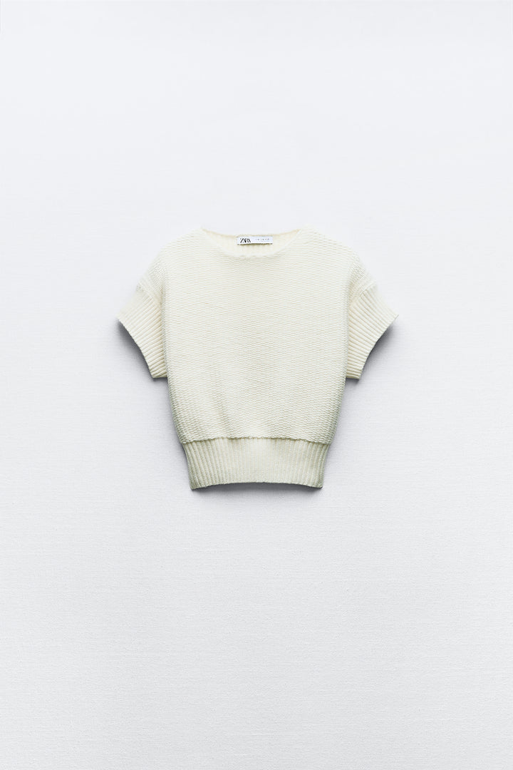 Top en tricot entrelacé cropped manches courtes