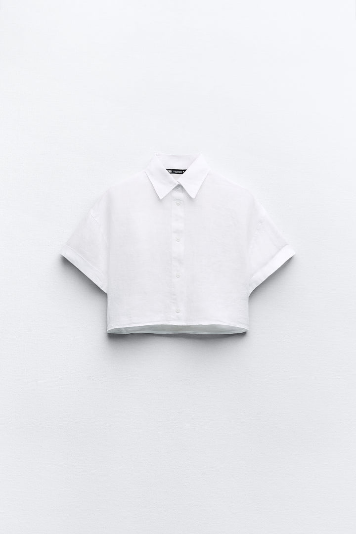 Chemise cropped manches courtes en lin lavé