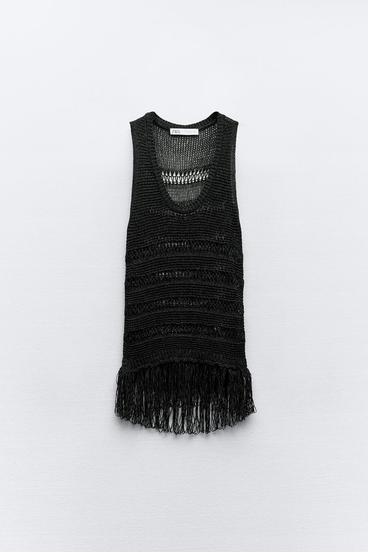 Top avec emmanchure sarrasin franges ruban ciré