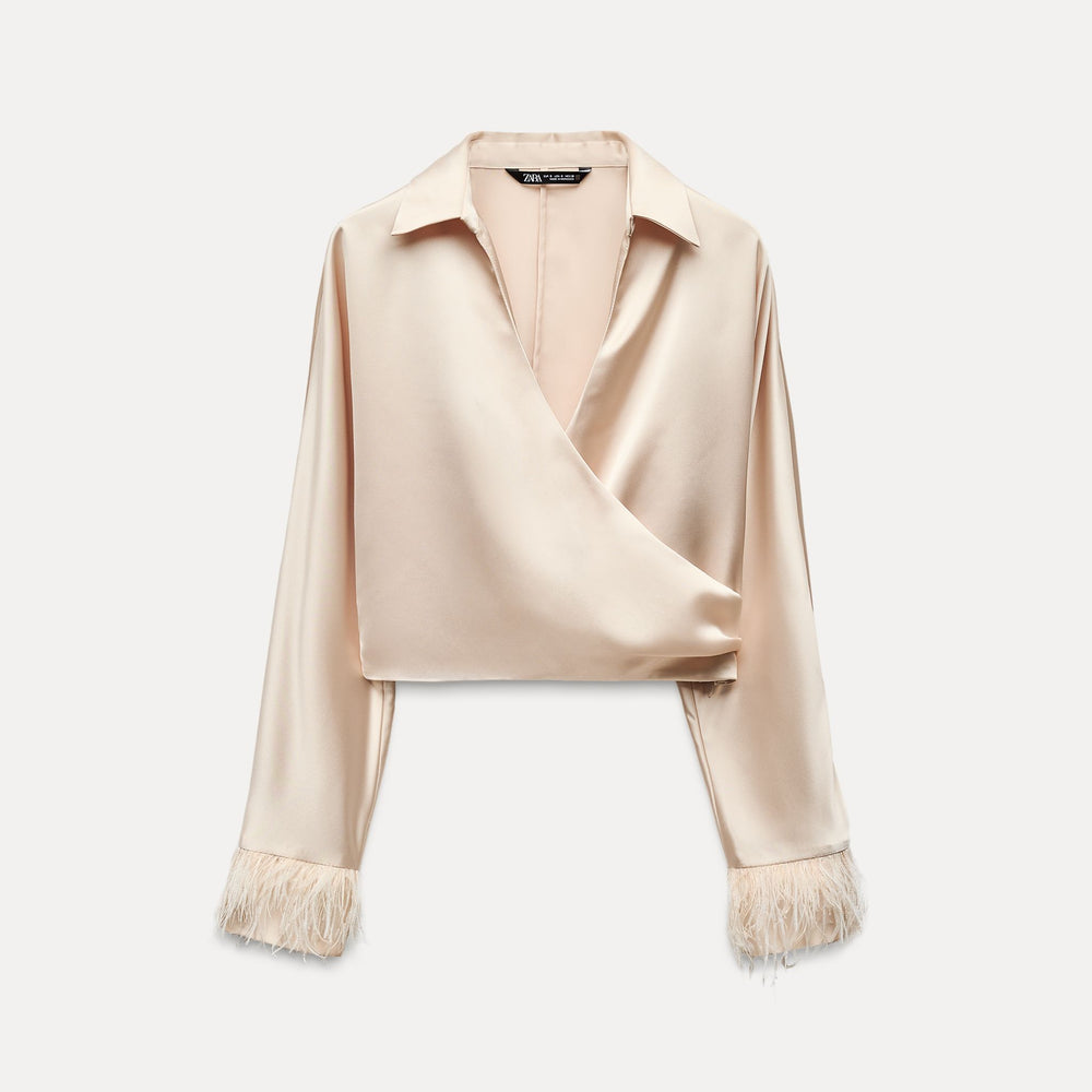 Moudda ZARA - Top satin court croisé détail plumes poignet - Tunisie 2