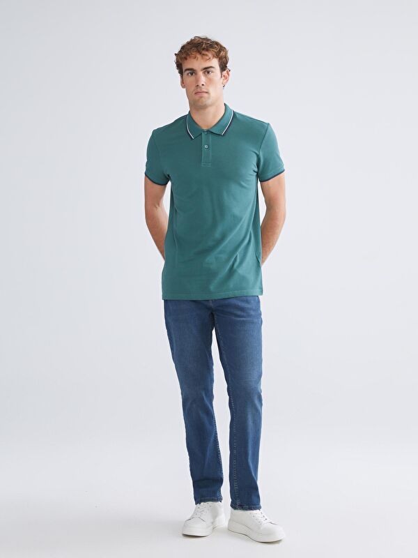 Moudda LC Waikiki - T-shirt col polo basique manches courtes en jersey couleur Vert moyen pour hommes - Tunisie 2