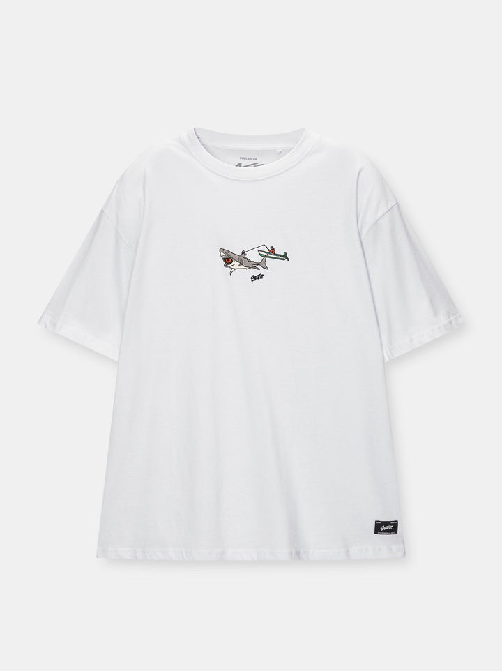 Moudda PULL & BEAR - T-Shirt Demi-Manches Brodé Blanc Requin - Tunisie 1