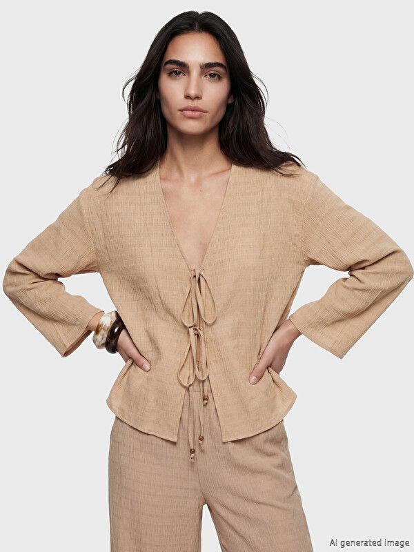 Moudda LC Waikiki - Kimono en tissu pour Femme couleur Beige - Tunisie 1