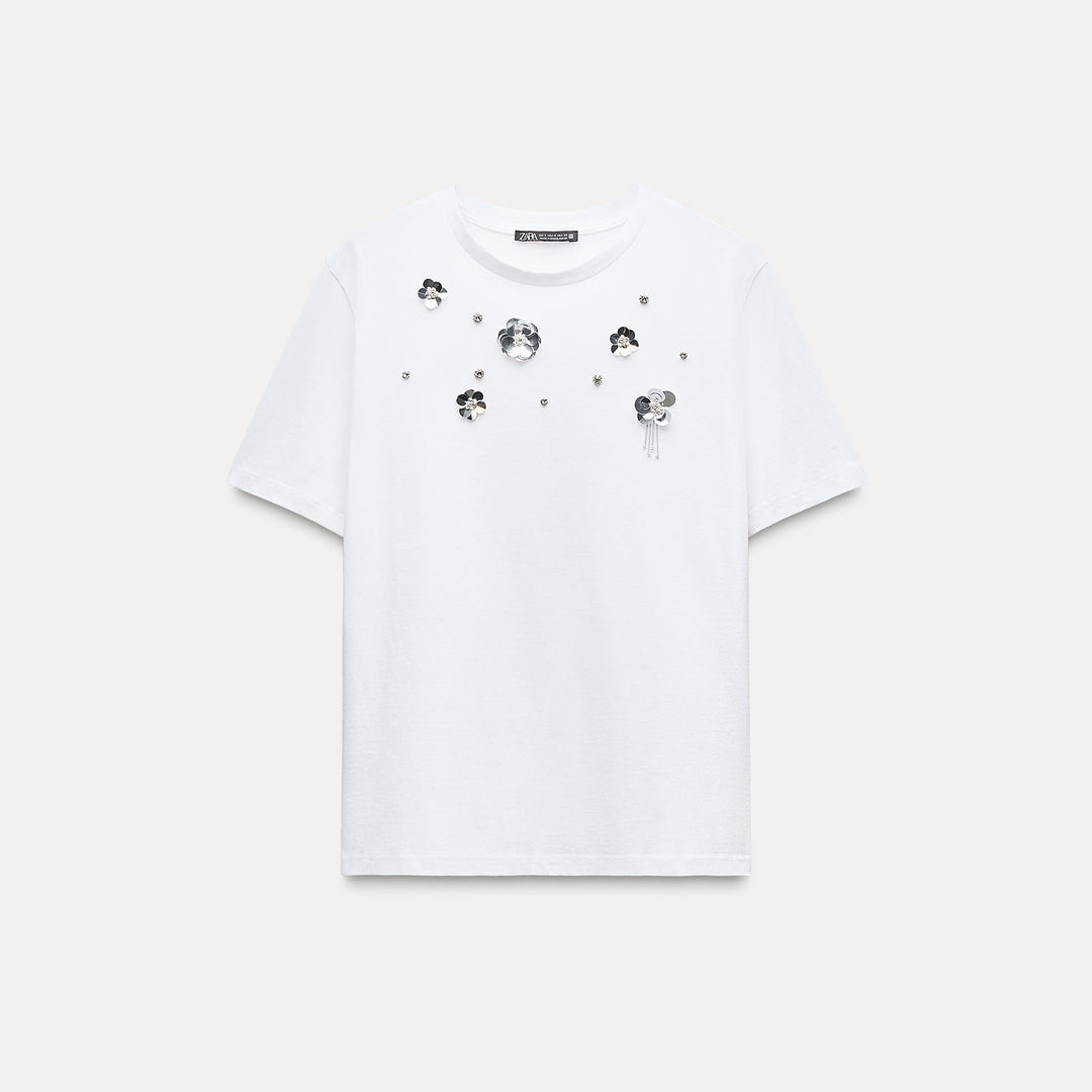Moudda ZARA - T-shirt coton, perles et fleurs - Tunisie 1