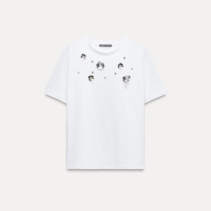 Moudda ZARA - T-shirt coton, perles et fleurs - Tunisie 1