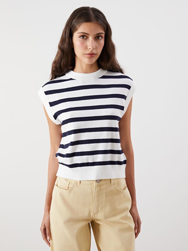 Moudda LC Waikiki - Pull tricot sans manches Femme Rayures marine - Tunisie 1