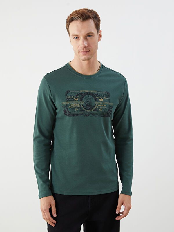 Moudda LC Waikiki - Sweatshirt jersey imprimé basique Homme Vert moyen - Tunisie 1
