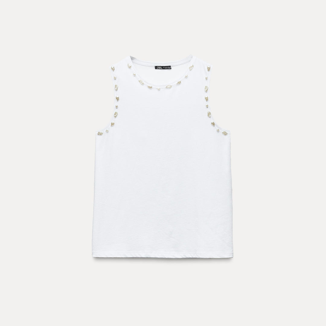 Moudda ZARA - T-shirt coton, manches courtes, perles et finitions - Tunisie 1