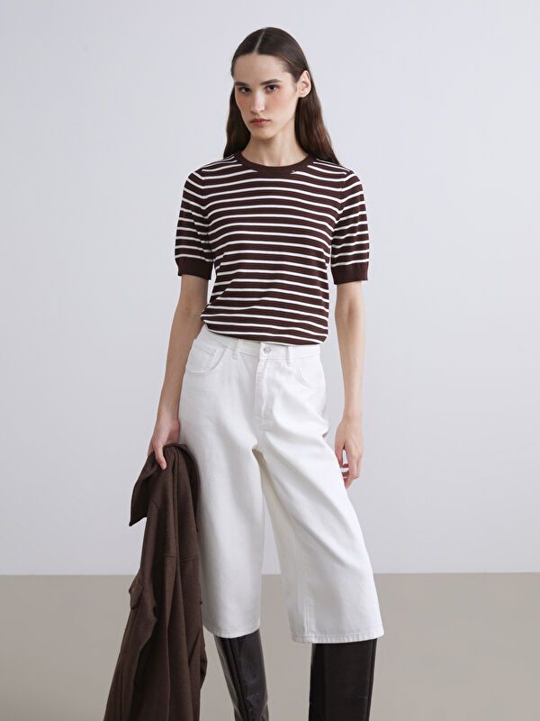 Moudda LC Waikiki - Pull tricot manches courtes Femme Ecru rayé - Tunisie 1