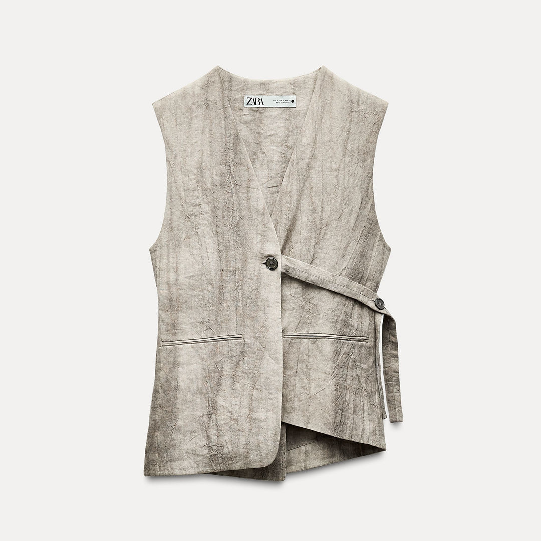 Moudda ZARA - Combinaison 499 gilet lin asymétrique teint marron - Tunisie 1