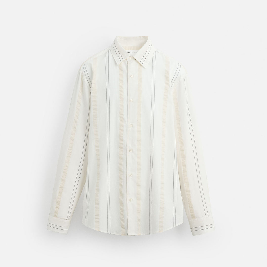 Moudda ZARA - Chemise - Rayures Fond Écru & Col Sans Bouton (Evergreen) - Tunisie 1