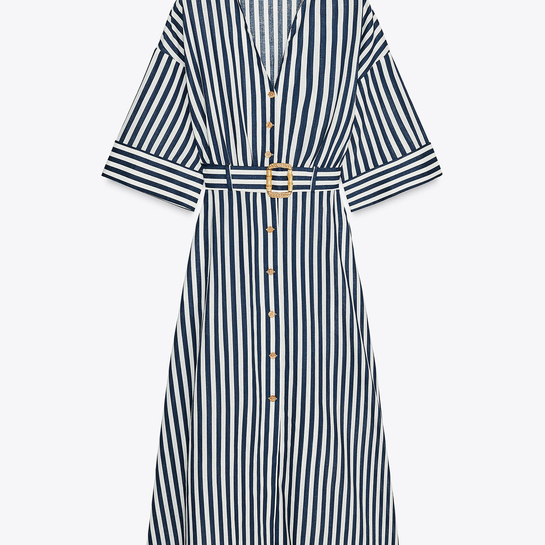 Moudda ZARA - Robe Midi Chemisier - Rayures Bleues & Boucle - Tunisie 1