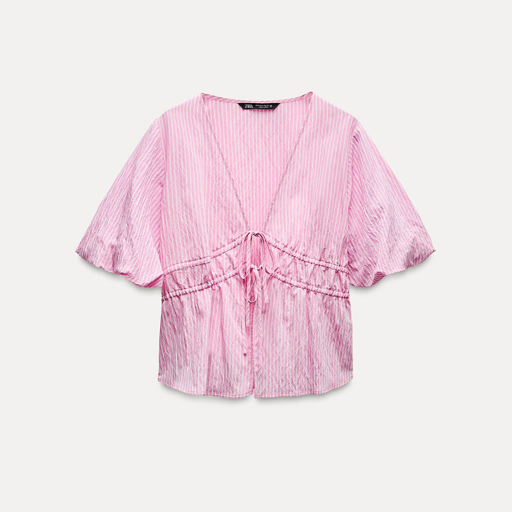 Moudda ZARA - Top rayé rose petits nœuds encolure manches bouffantes - Tunisie 1