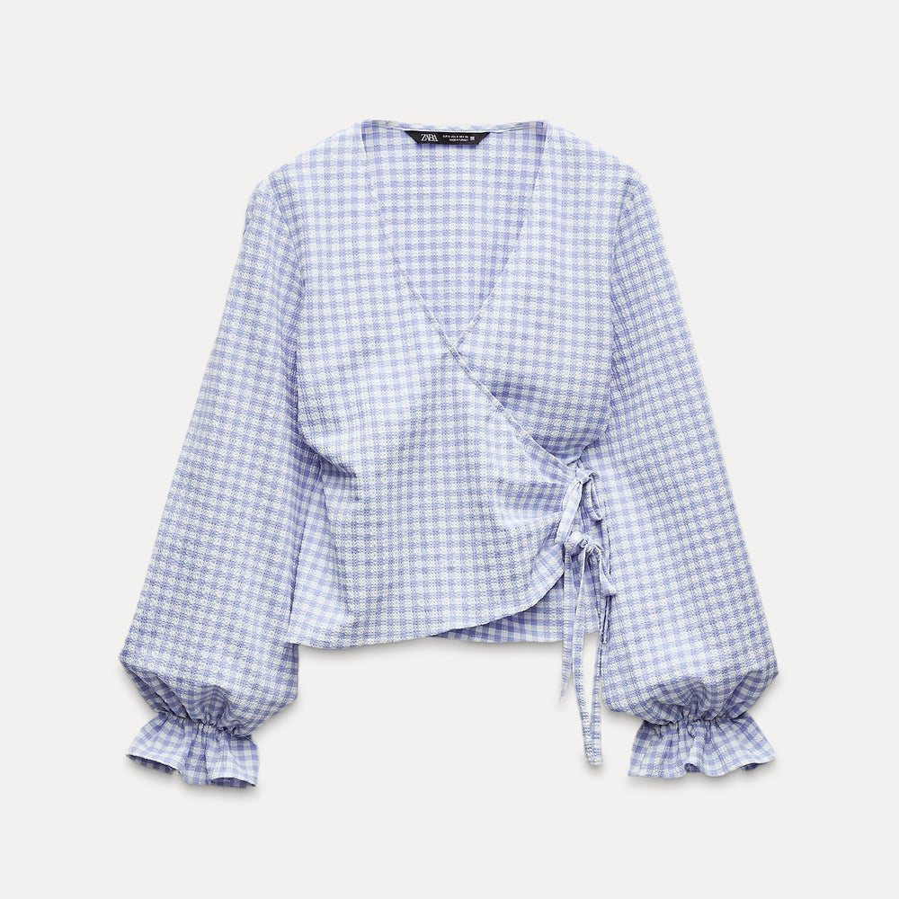 Moudda ZARA - Blouse vichy bleue croisée manches longues - Tunisie 2