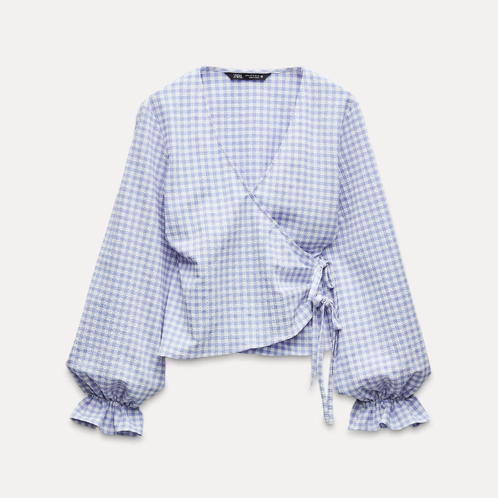 Moudda ZARA - Blouse vichy bleue croisée manches longues - Tunisie 2