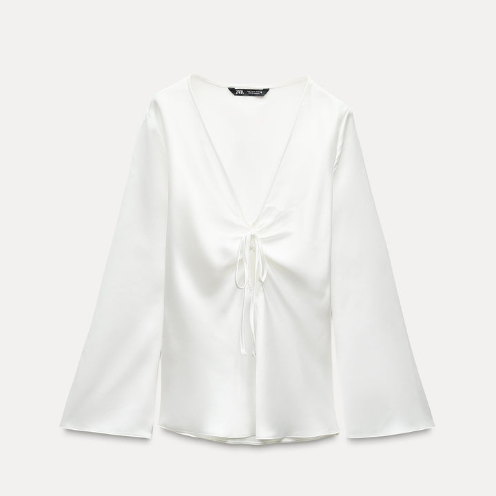 Moudda ZARA - Chemise satinée manches longues col en V drapé nœud - Tunisie 2