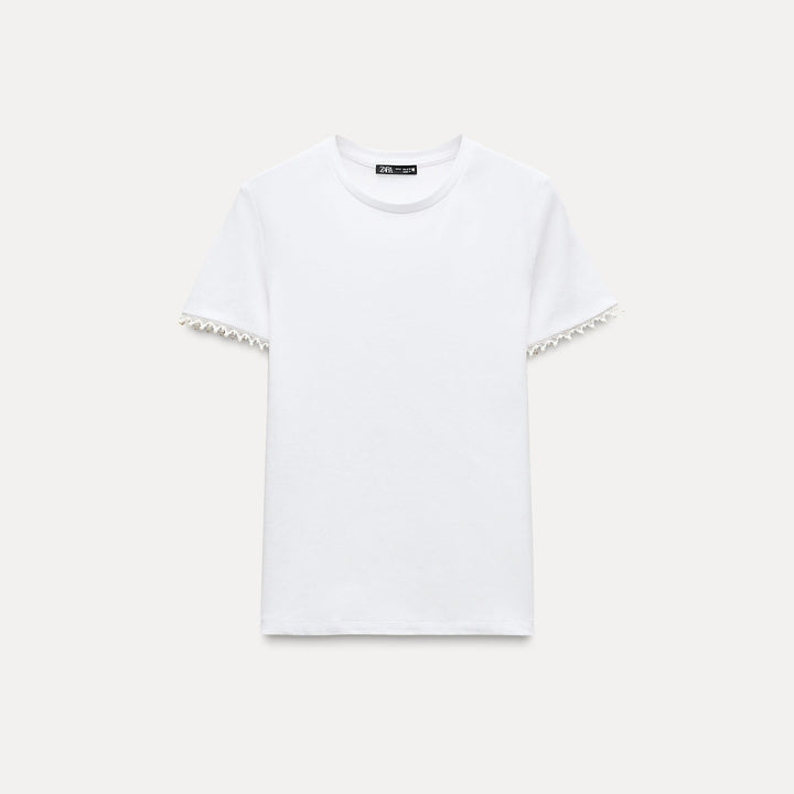 Moudda ZARA - T-shirt col rond perle, manches travaillées - Tunisie 1