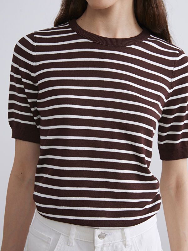 Moudda LC Waikiki - Pull tricot manches courtes Femme Ecru rayé - Tunisie 3