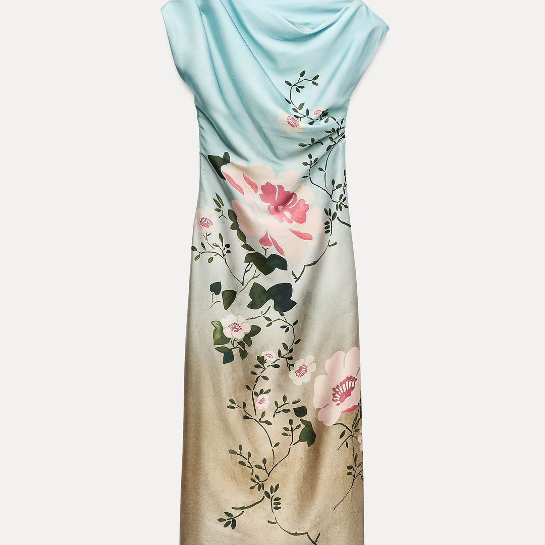 Moudda ZARA - Robe mi-longue satinée asymétrique imprimée fleurs fond bleu - Tunisie 1