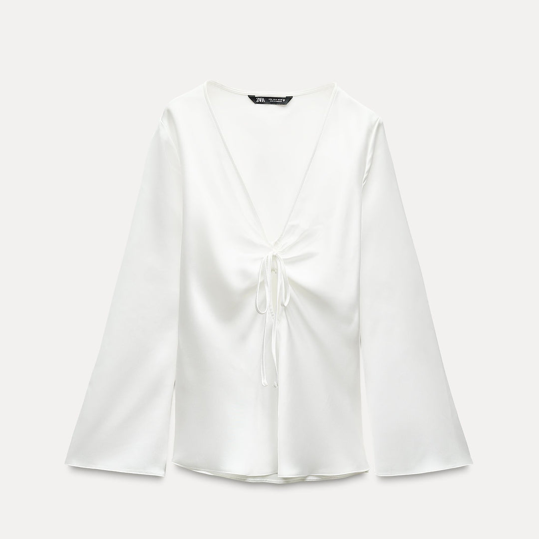 Moudda ZARA - Chemise satinée manches longues col en V drapé nœud - Tunisie 1