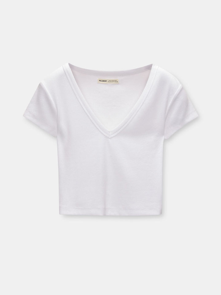 Moudda PULL & BEAR - T-Shirt Basique Crop Côtelé Encolure V Blanc - Tunisie 1