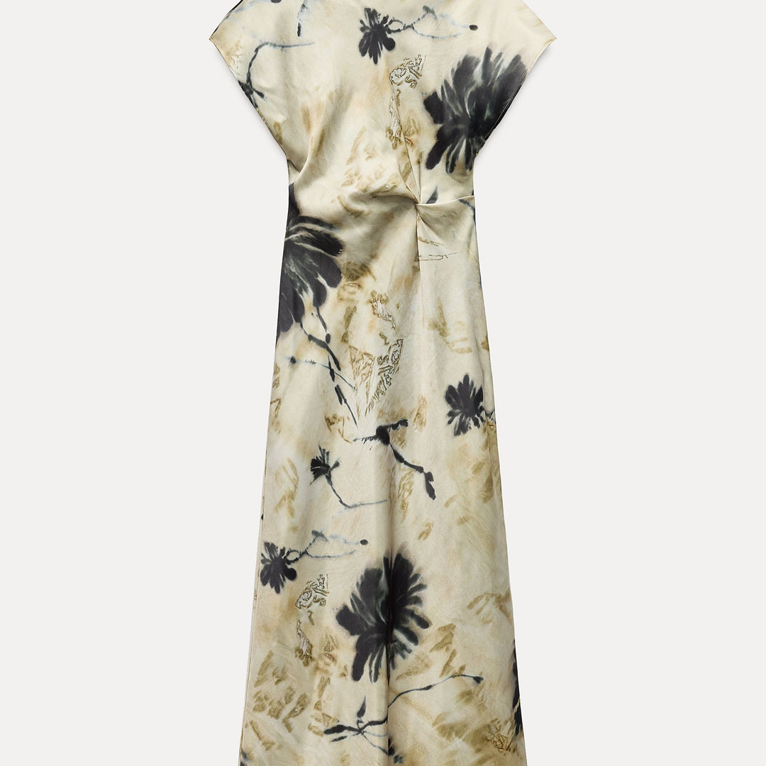 Moudda ZARA - Robe mi-longue en satin imprimée, manches tombantes, froncée - Tunisie 1