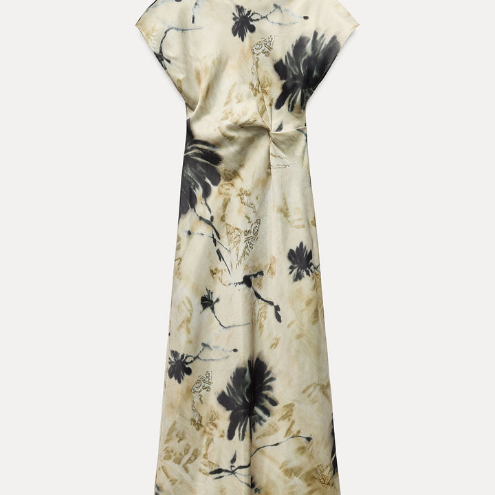 Moudda ZARA - Robe mi-longue en satin imprimée, manches tombantes, froncée - Tunisie 1