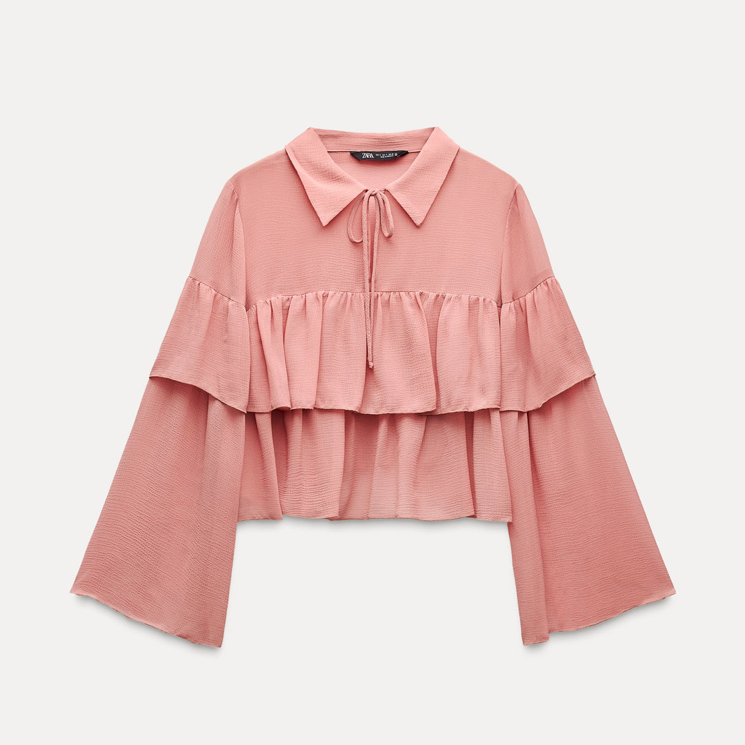 Moudda ZARA - Blouse courte volants encolure chemise manches longues - Tunisie 1