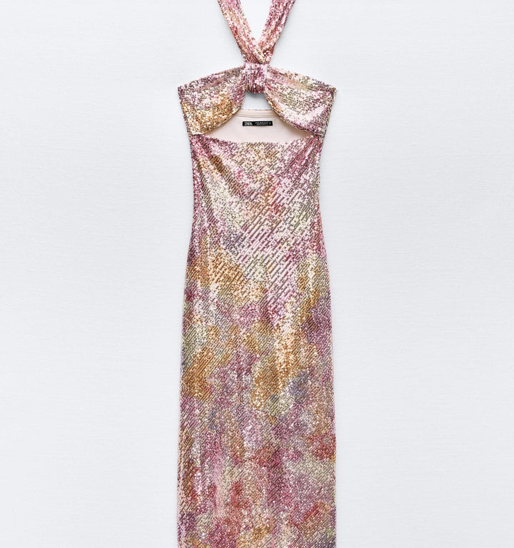 Moudda ZARA - Robe pailletée rose, nœud au décolleté - Tunisie 3