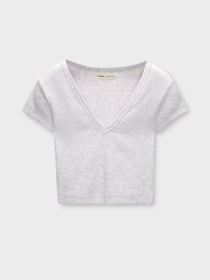 Moudda PULL & BEAR - T-Shirt Basique Crop Côtelé Col V - Tunisie 1
