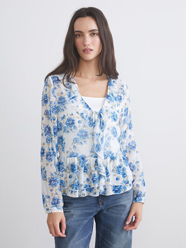 Moudda LC Waikiki - Blouse tissée manches longues Femme Impression bleu clair - Tunisie 1