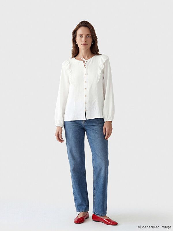 Moudda LC Waikiki - Chemisier (blouse) manches longues en tissu pour Femme couleur Beige clair - Tunisie 2