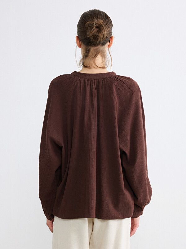 Moudda LC Waikiki - Chemisier (blouse) manches longues en tissu pour Femme couleur Marron chocolat - Tunisie 4