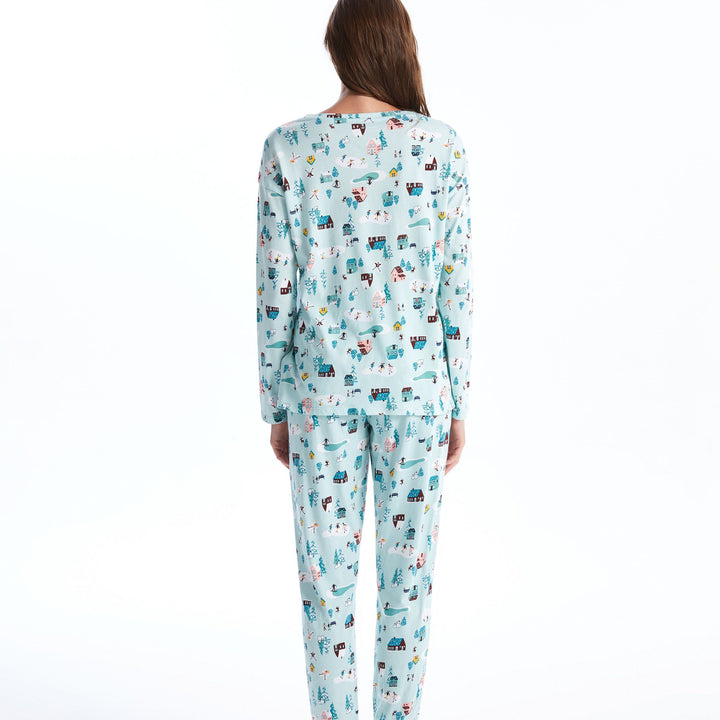 Moudda LC Waikiki - Pyjama en jersey manches longues Femme Bleu pastel imprimé - Tunisie 4