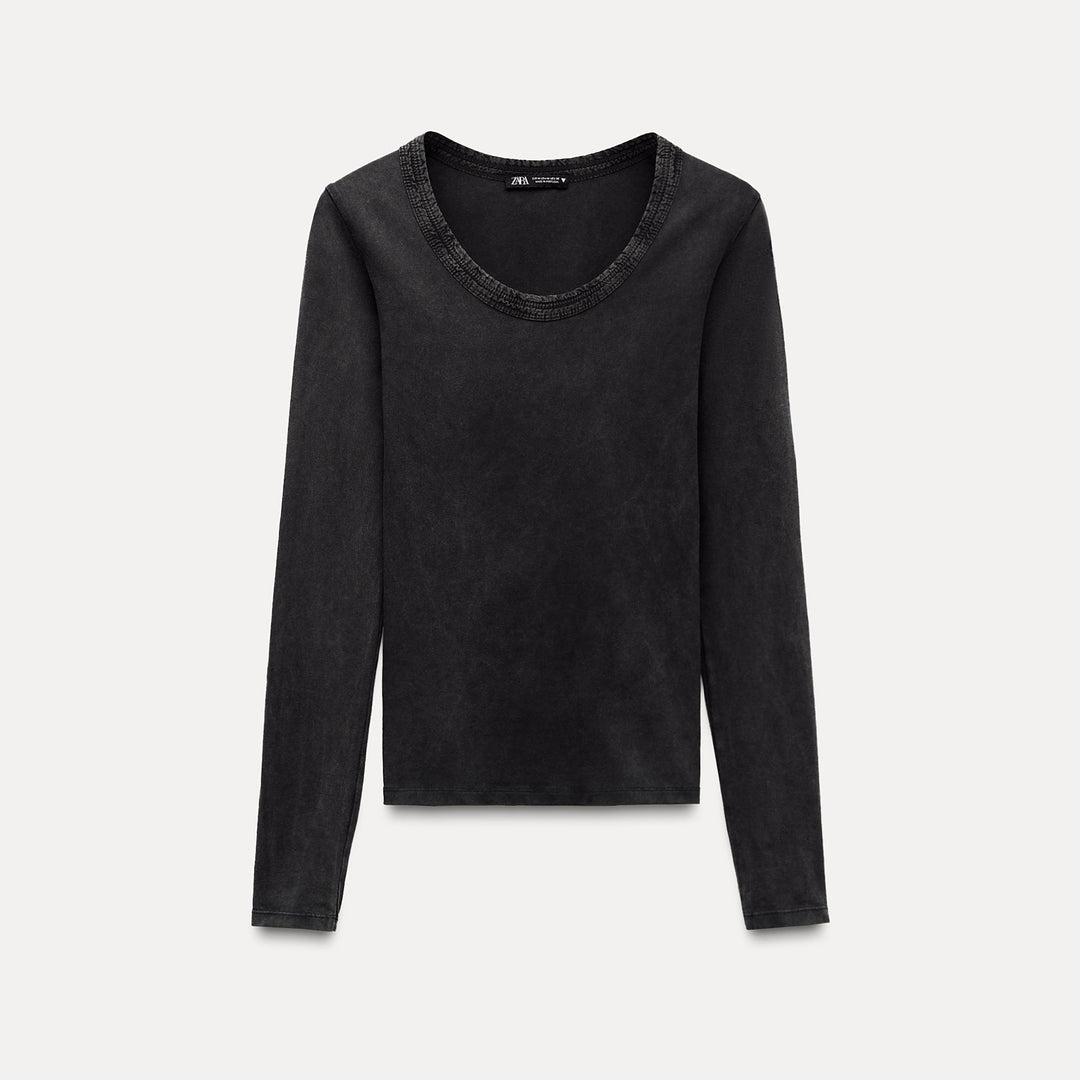 Moudda ZARA - T-shirt col rond manches longues, lavage doux - Tunisie 1