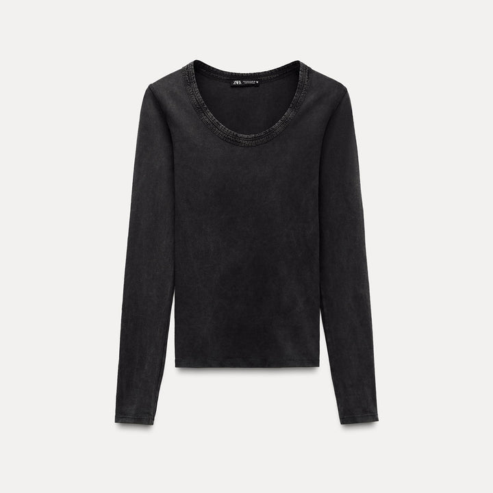 Moudda ZARA - T-shirt col rond manches longues, lavage doux - Tunisie 1