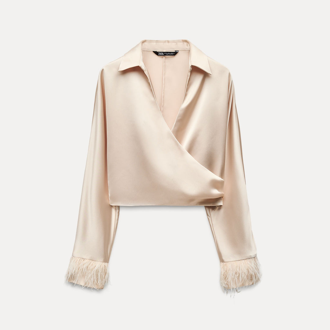 Moudda ZARA - Top satin court croisé détail plumes poignet - Tunisie 1