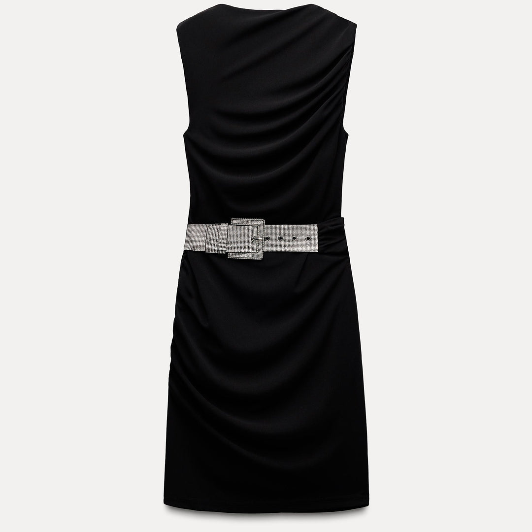 Moudda ZARA - Robe courte maille manches courtes drapée ceinture brillante - Tunisie 1