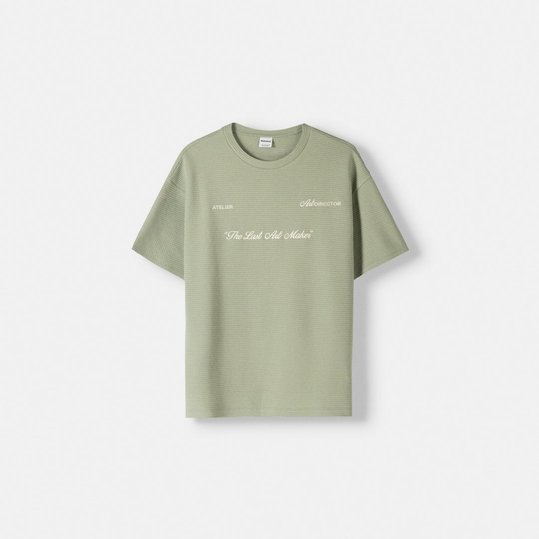 Moudda BERSHKA - T-shirt Relax Gaufré à Texte Brodé - Tunisie 1