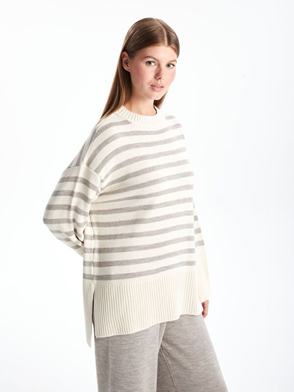 Moudda LC Waikiki - Pull épais en tricot couleur Écru rayé pour femmes - Tunisie 1