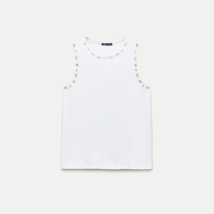 Moudda ZARA - T-shirt coton, manches courtes, perles et finitions - Tunisie 2