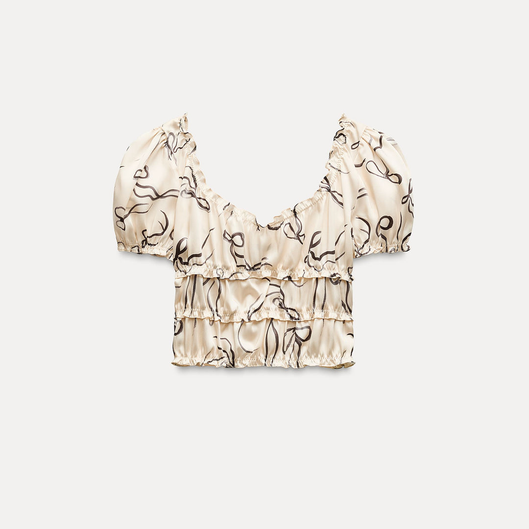 Moudda ZARA - Top satiné manches courtes imprimé détail élastiques - Tunisie 1