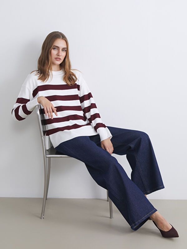 Moudda LC Waikiki - Pull tricot moyen Femme Rayures bordeaux - Tunisie 1