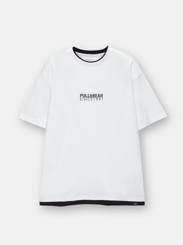 Moudda PULL & BEAR - T-Shirt Demi-Manches Basique Double Neckband Logo - Tunisie 1