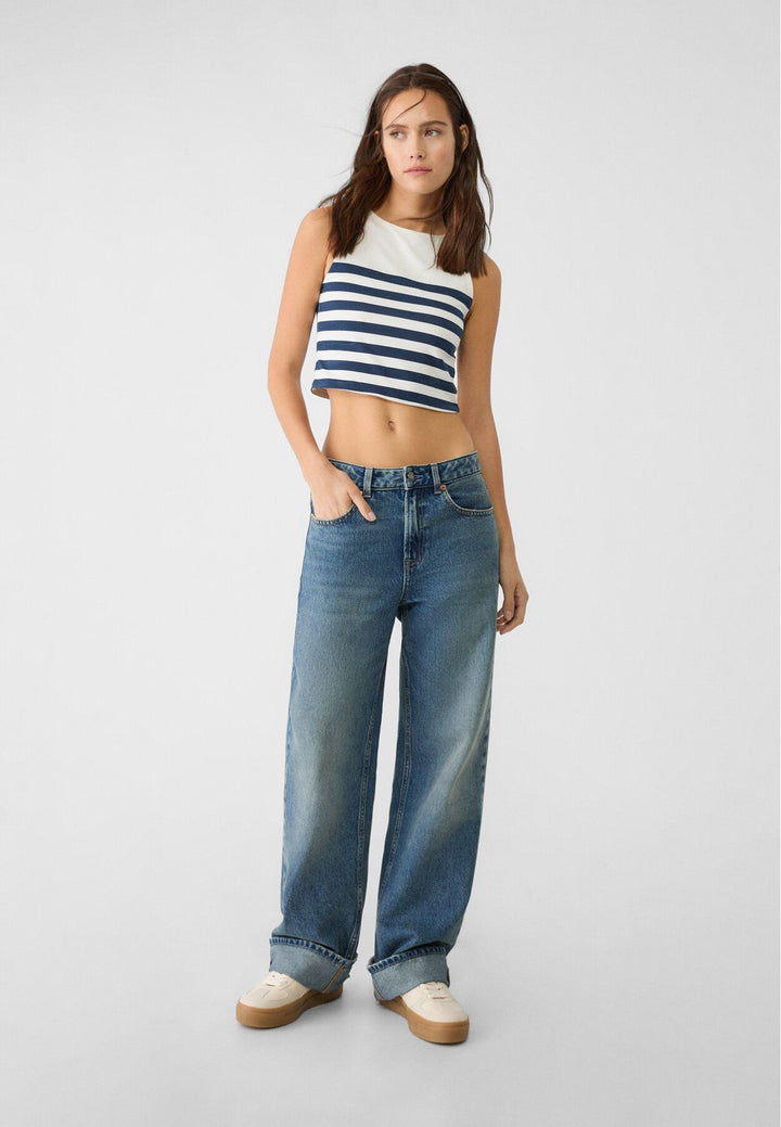 Moudda STRADIVARIUS - T-Shirt Crop Basique S/M Coton Élasthanne à Rayures - Tunisie 3
