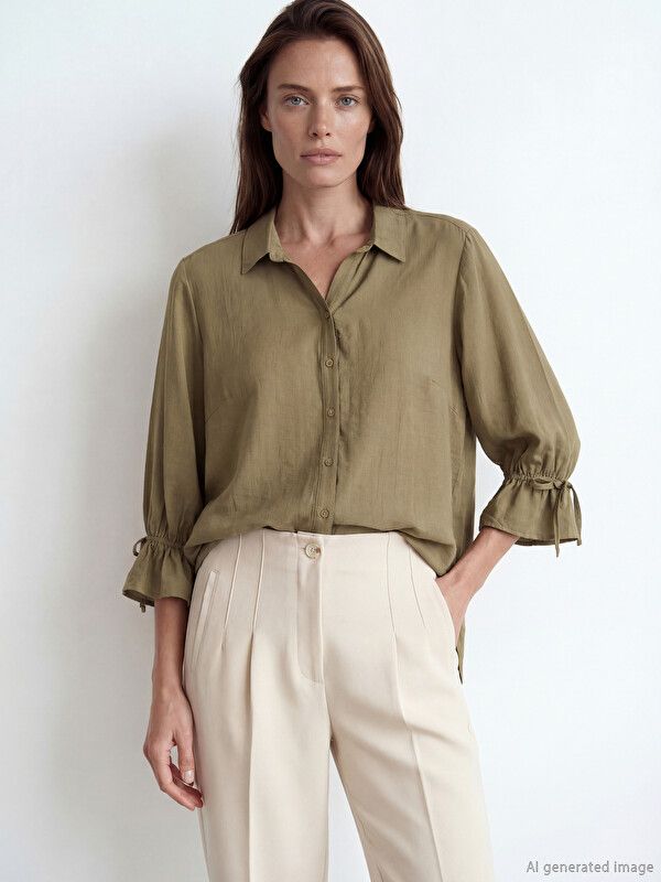 Moudda LC Waikiki - Chemise manches longues en tissu pour Femme couleur Vert kaki - Tunisie 1