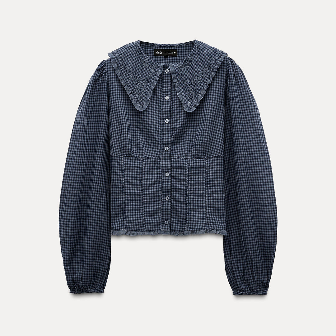 Moudda ZARA - Chemise manches longues col rond imprimée Vichy brodée - Tunisie 1
